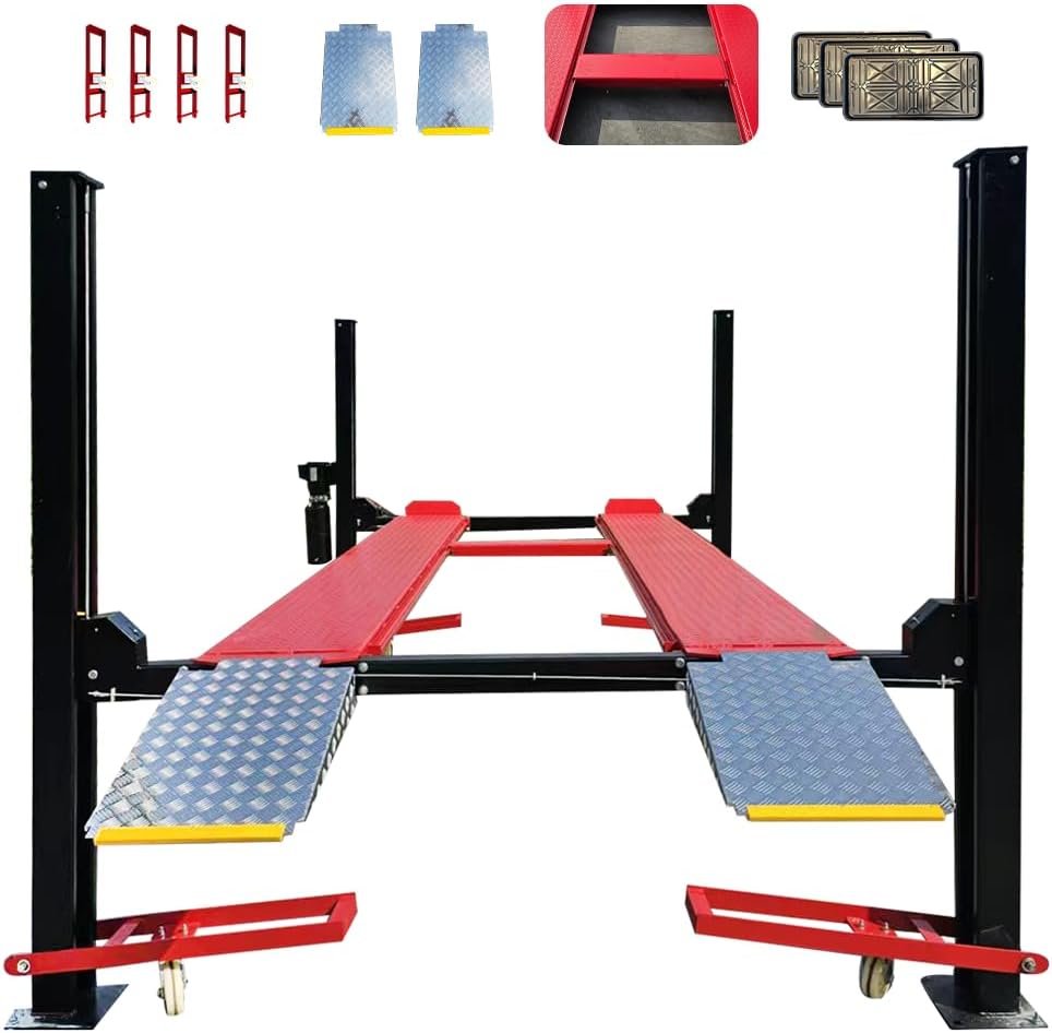 Katool KT-4H950 9,500 lb 4-post storage lift in red and black with drive-on ramps, diamond-plate approach plates, jack tray, drip trays, and caster wheel kit